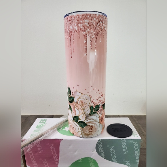handmade sublimation Dining 2 Oz Pink Roses Glitter Double Wall